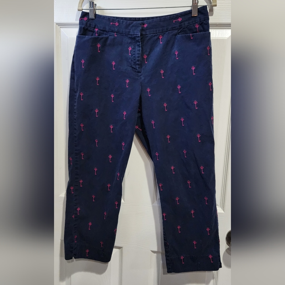 Talbots blue crop pant with purplish pink keys embroidered women's size …